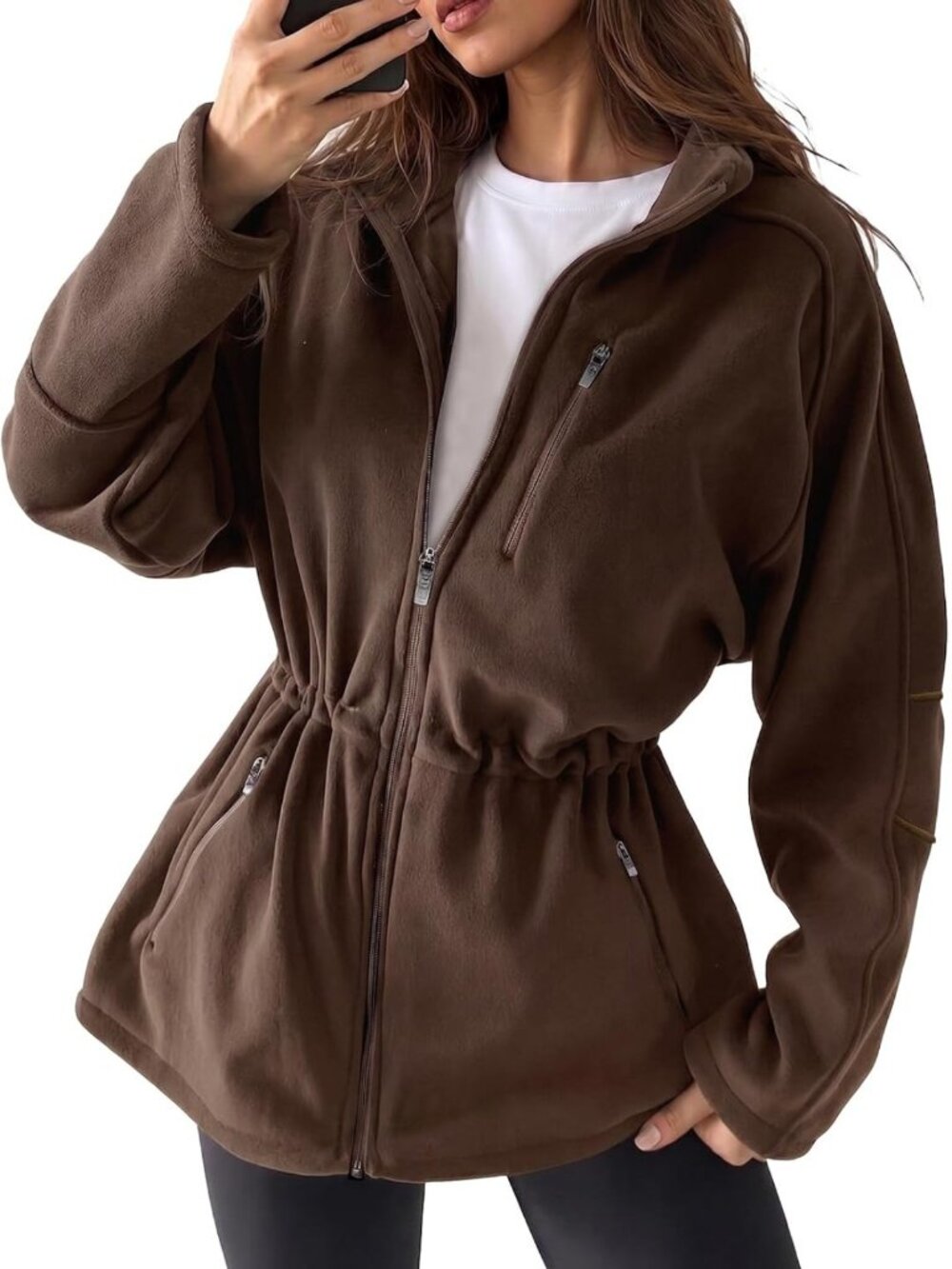 Cozy Fuzzy Fleece Jacket for Women | Zip-Up Casual Coat with Drawstring Waist